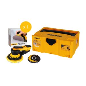 Mirka DEROS 5650CV elektriline ekstsentriklihvija komplekt kohvris, sisaldab 125 mm ja 150 mm tallasid ning üht karpi Abranet P150 võrkkettaid (Ø 125/150 mm) tolmuvabaks lihvimiseks.
